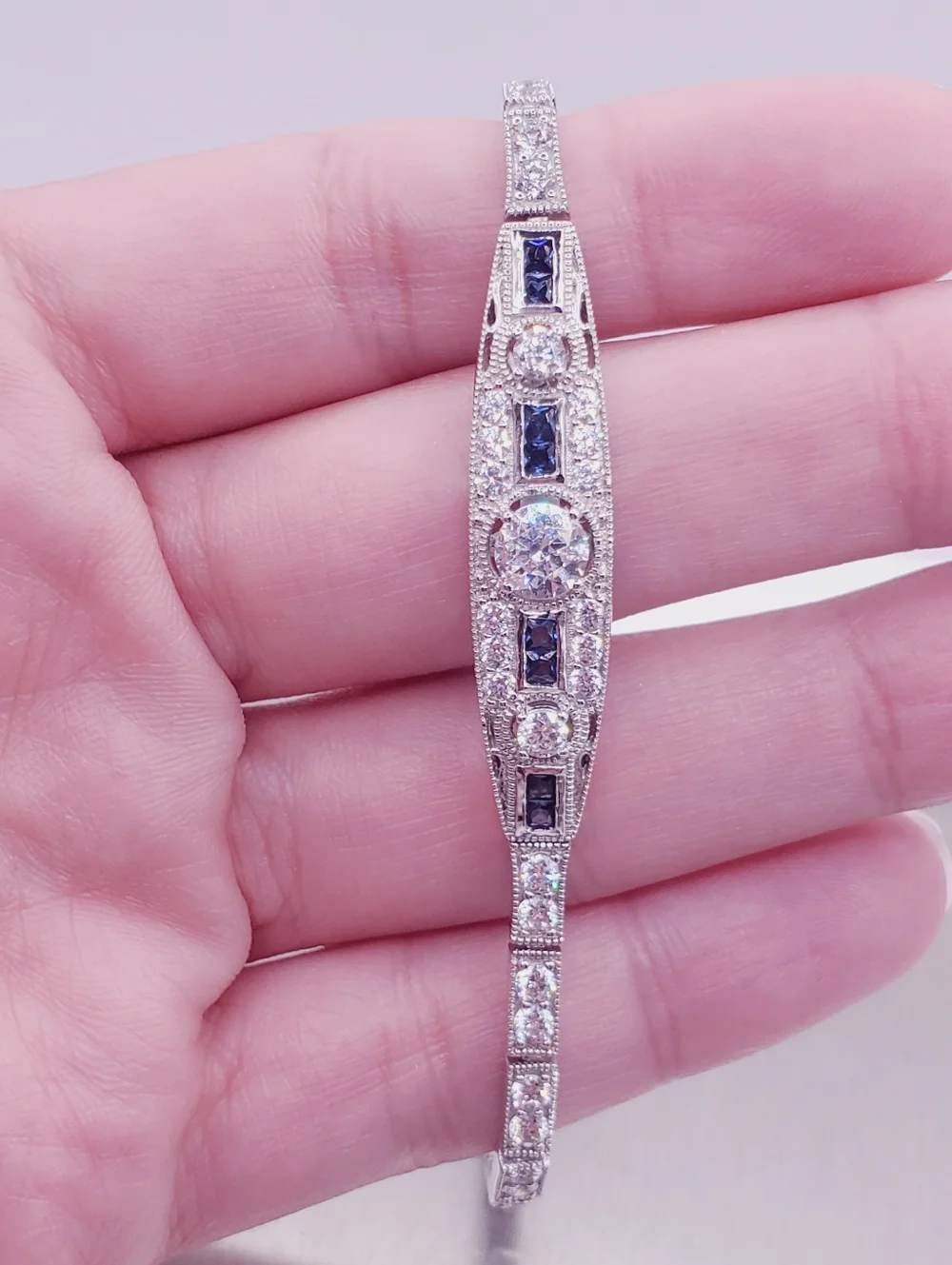 925 Sterling Silver Sapphire Blue CZ & Diamond Simulant Bracelet